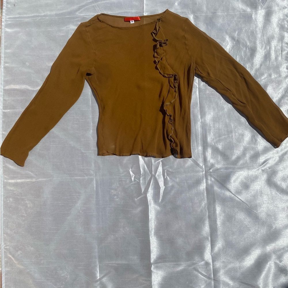 Sheer brown quarter sleeve frill hem crop top Small
